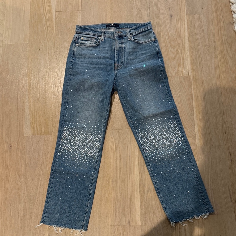 7 For All Mankind Blue Straight-Leg Jeans with Crystal Embellishments